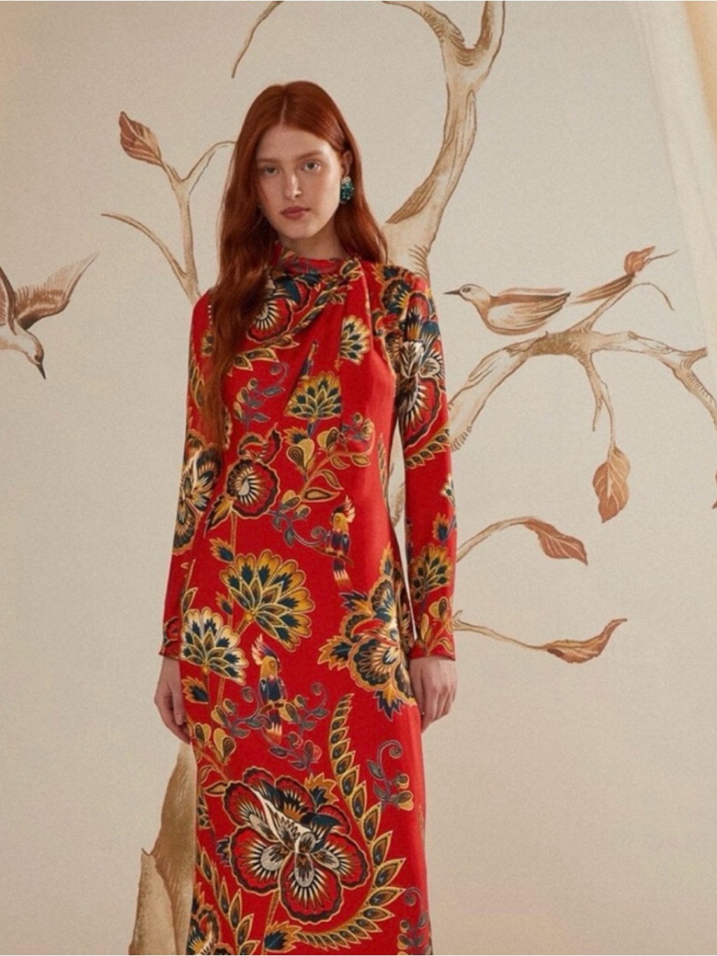 Farm Rio Red Floral Long-Sleeve Maxi Dress With Botanical Print
